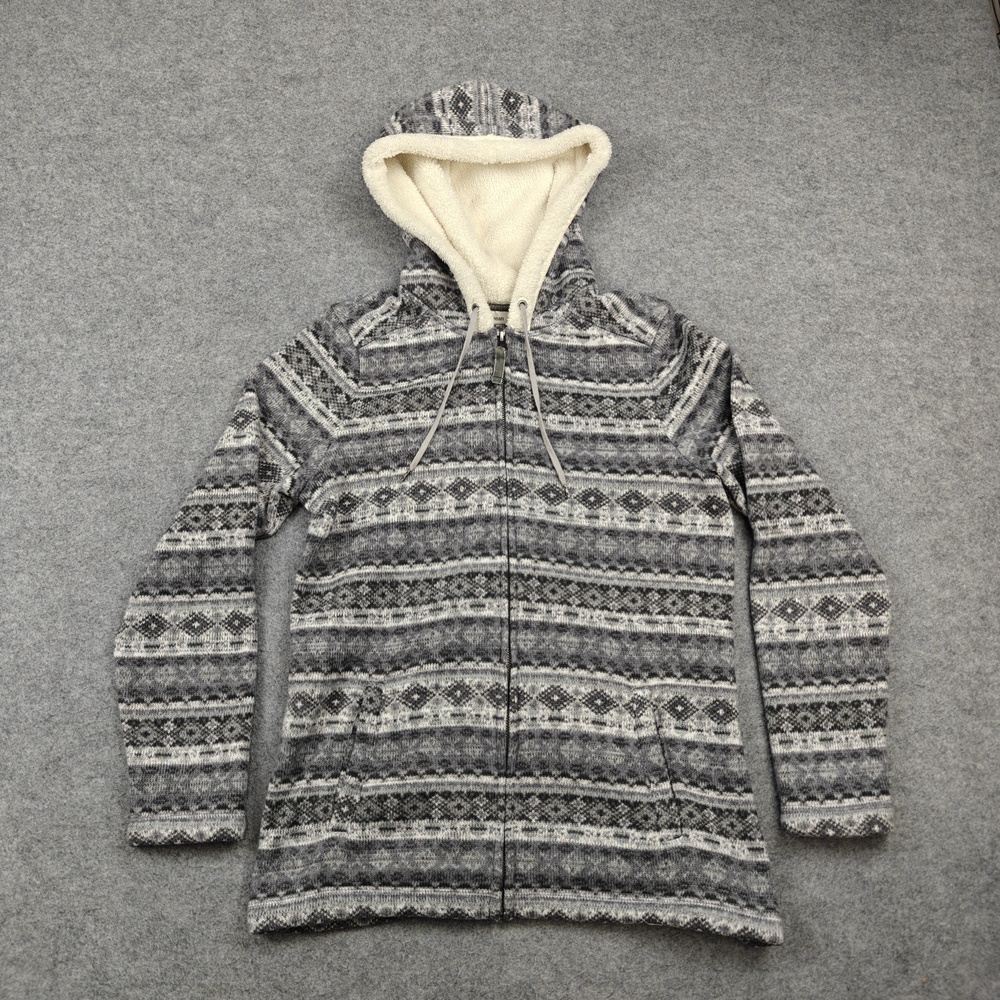 L.L. Bean Sweater Womens Small Petite Gray Hooded Full Zip Lined Fair Isle